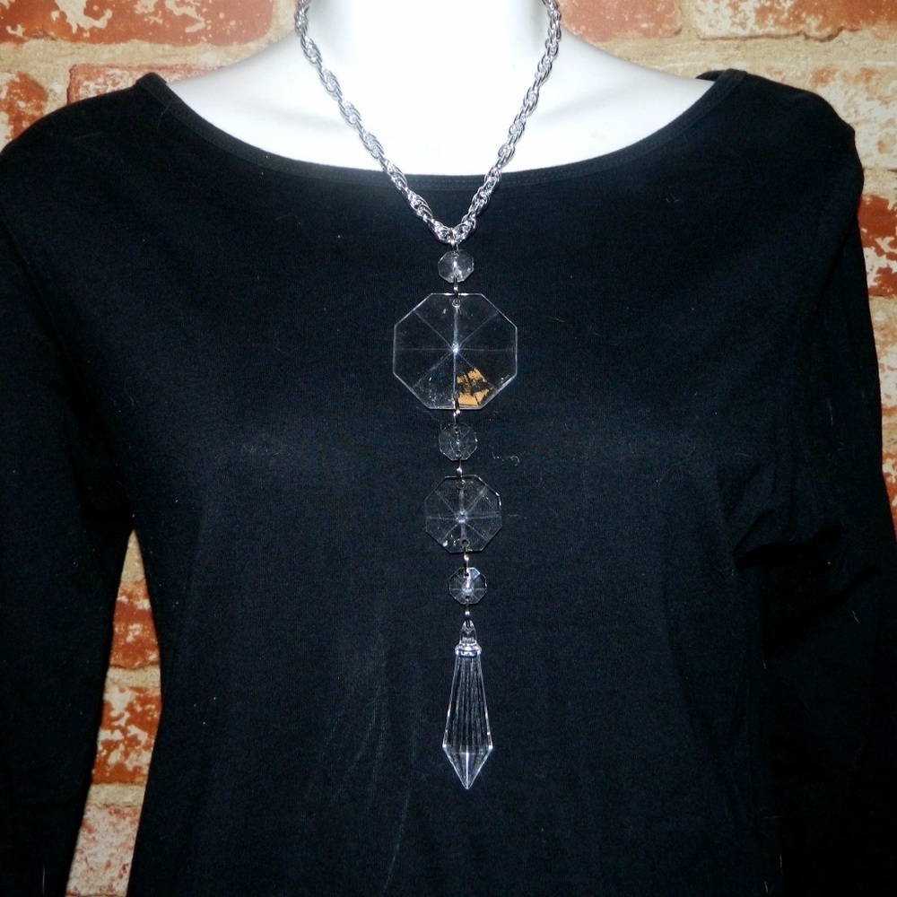 Clear Acrylic Chandelier Crystal Necklace 16" Silver Chain Statement Pendant